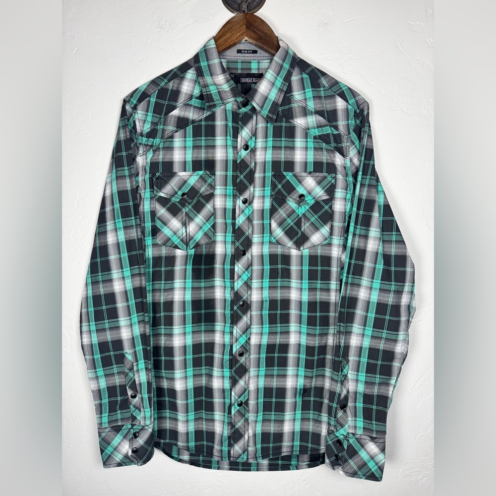 Buckle Black‎ Slim Fit Men’s Black & Turquoise Plaid Button Down Shirt Size Med